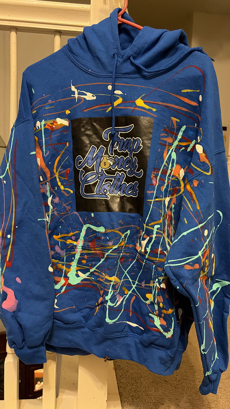 Trap Money Clothes Paint Splatter Men's Blue Hoodie Size XL Streetwear Graphic